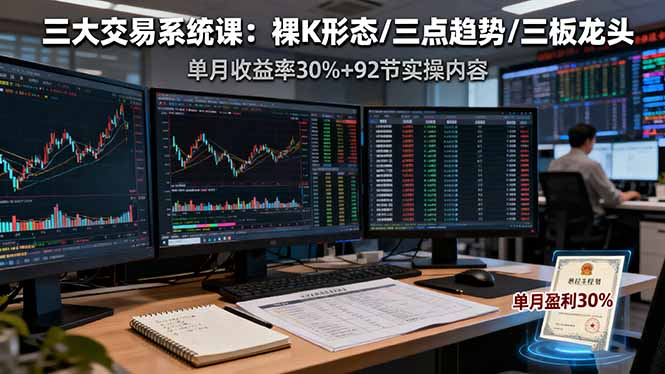 三大交易系统课：裸K形态/三点趋势/三板体系，单月收益率30%+92节实操内容-米创网