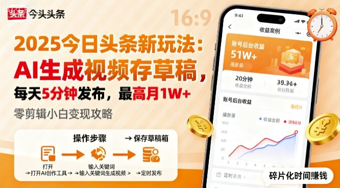 2025年今日头条躺賺新玩法，AI生成视频存草稿，每天5分钟发布，最高月1W+【揭秘】-米创网
