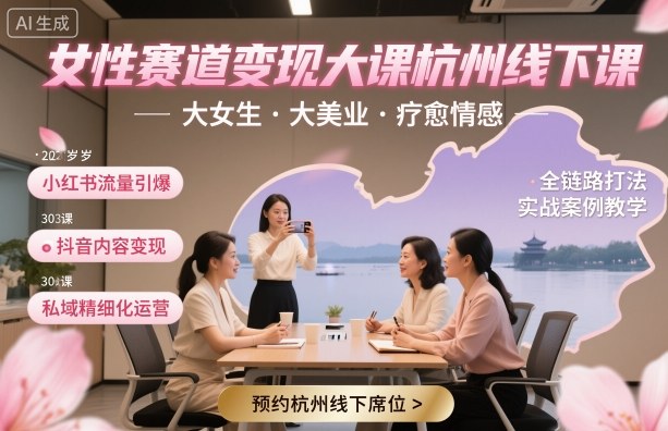 女性赛道变现大课杭州线下，大女生，大美业，疗愈情感，一套小红书、抖音、私域全链路打法-米创网