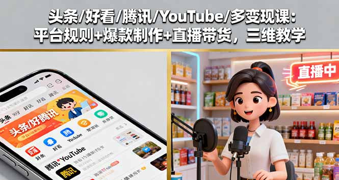 头条/好看/腾讯/YouTube/多变现课：平台规则+爆款制作+直播带货，三维教学-米创网