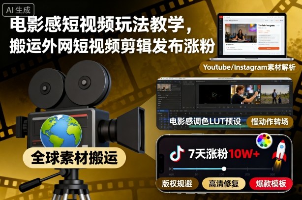 电影感短视频玩法教学，搬运外网短视频剪辑发布涨粉-米创网