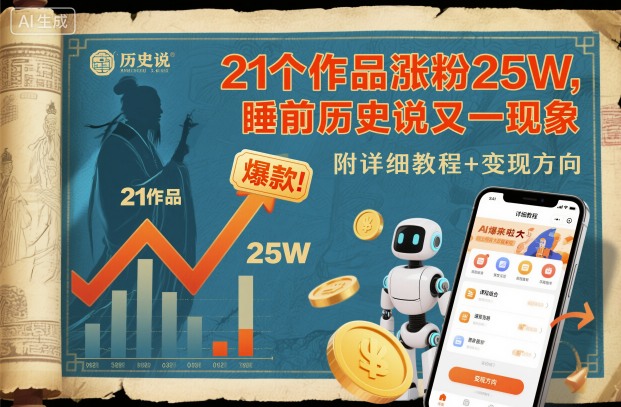 21个作品涨粉25W，睡前历史说又一现象级AI内容大爆款来啦，附详细教程+变现方向-米创网