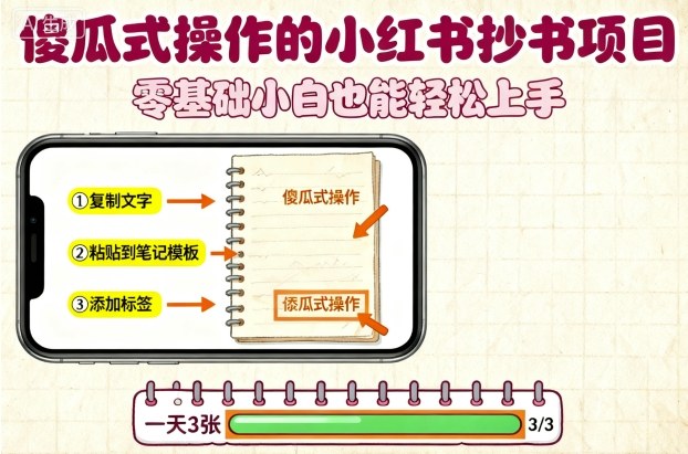 傻瓜式操作的小红书抄书项目，会复制粘贴就行，零基础小白也能一天3张-米创网