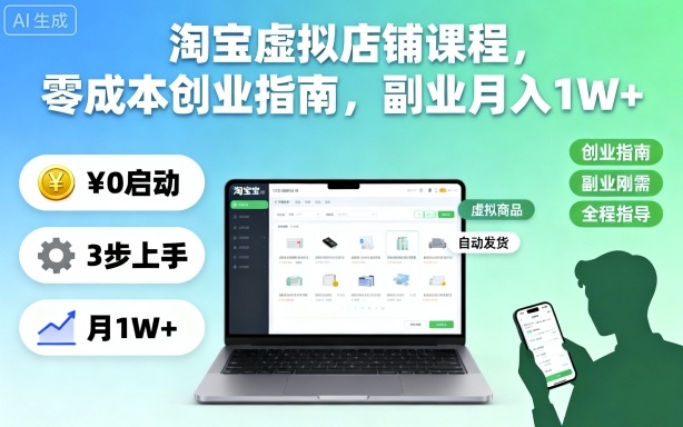淘宝虚拟店铺课程，零成本创业指南，副业月入1W+-米创网