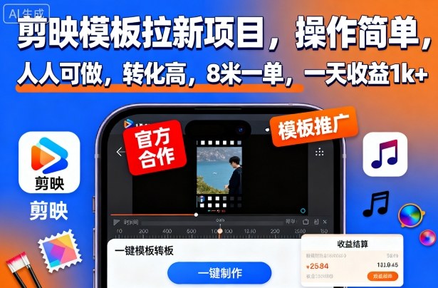 剪映模板拉新项目，操作简单，人人可做，转化高，8米一单，一天收益1k+-米创网
