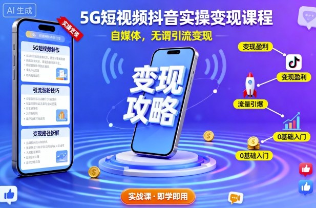 5G短视频抖音实操变现课程，自媒体，无谓引流变现-米创网