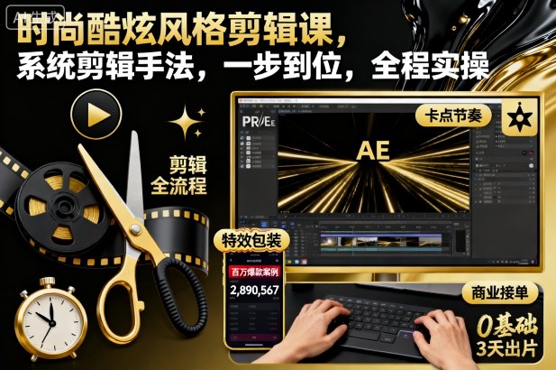时尚酷炫风格剪辑课，系统剪辑手法，一步到位，全程实操-米创网