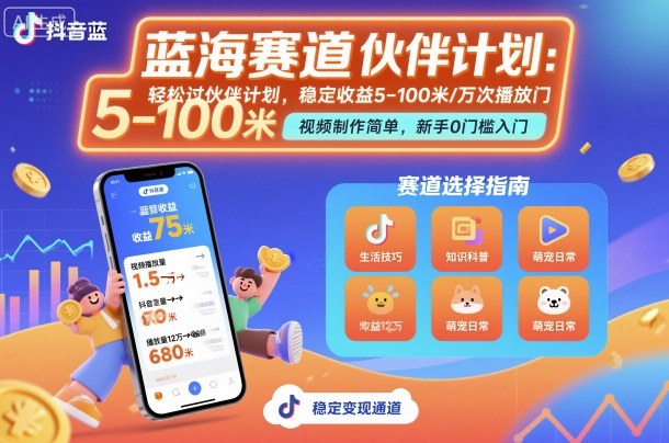 抖音蓝海赛道，轻松过伙伴计划，视频制作简单，万次播放收益在5-100米，稳定收益-米创网