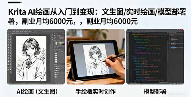 Krita AI绘画从入门到变现：文生图/实时绘画/模型部署，副业月均6000元-米创网