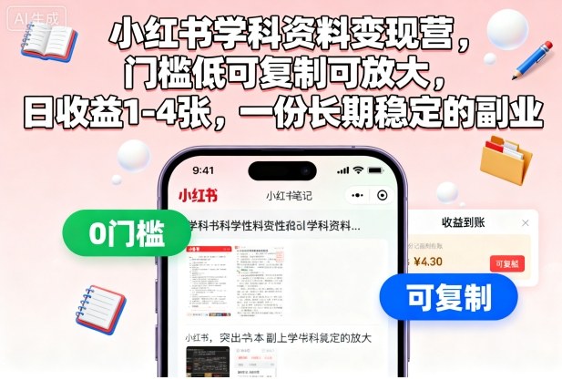 小红书学科资料变现营，门槛低可复制可放大，日收益1-4张，一份长期稳定的副业-米创网