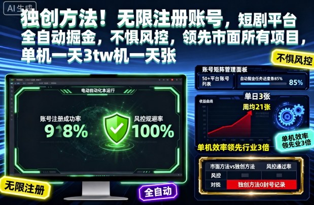独创方法！无限注册账号，短剧平台全自动掘金，不惧风控，领先市面所有项目，单机一天3张【揭秘】-米创网