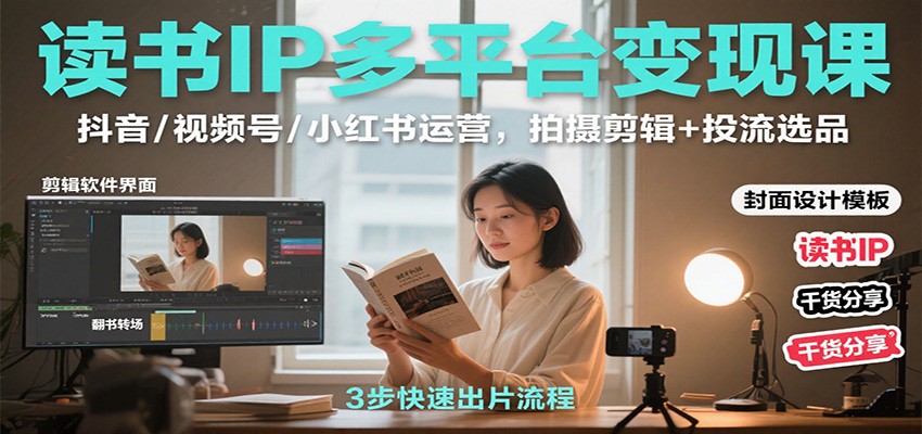 读书IP多平台变现课：抖音/视频号/小红书运营，拍摄剪辑+投流选品-米创网
