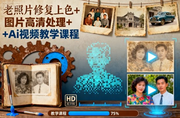 老照片修复上色+图片高清处理+Ai视频教学课程-米创网