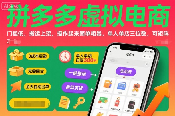 拼多多虚拟电商，门槛低，搬运上架，操作起来简单粗暴，单人单店三位数，可矩阵-米创网