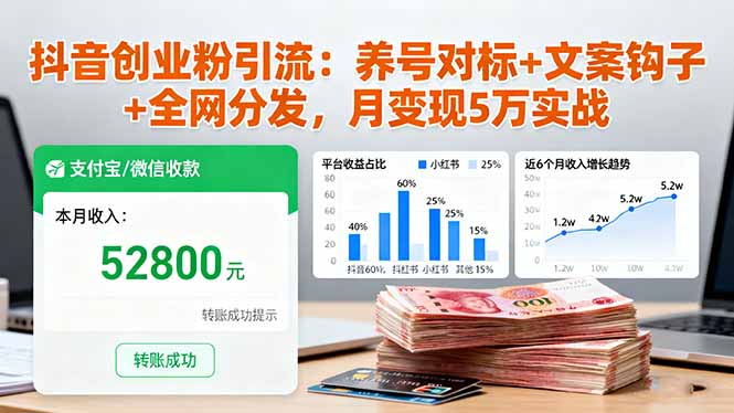 抖音创业粉引流：养号对标+文案钩子+全网分发，月变现5万实战-米创网