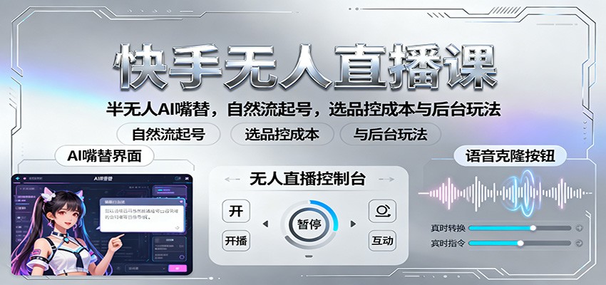 快手无人直播课：半无人AI嘴替，自然流起号，选品控成本与后台玩法-米创网