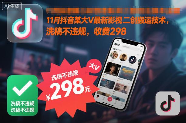 11月抖音某大V最新影视二创搬运技术，洗稿不违规，收费298-米创网