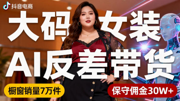 抖音小众赛道，大码女装AI反差带货，不用直播，每天6条作品，橱窗卖7万件，保守佣金30W+-米创网