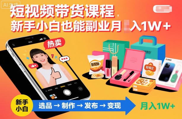 短视频带货课程，新手小白也能副业月入1W＋，轻松搞定-米创网