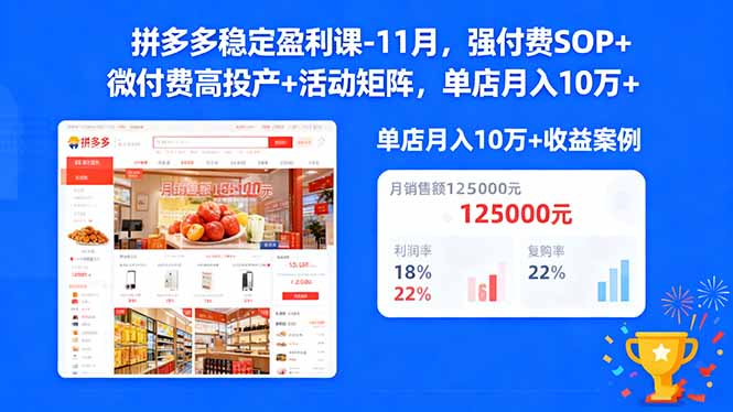 拼多多稳定盈利课-11月，强付费SOP+微付费高投产+活动矩阵，单店月入10万+-米创网