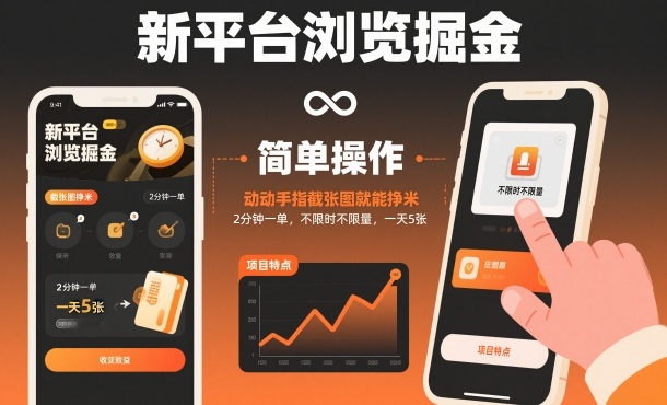 新平台浏览掘金，动动手指截张图就能挣米，2分钟一单，不限时不限量，一天5张【揭秘】-米创网