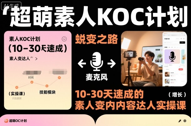 超萌素人KOC计划，10-30天速成的素人变内容达人实操课，适合想做短剧小说推文电商推广的素人入局-米创网
