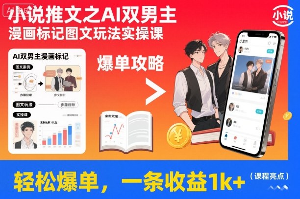 小说推文之AI双男主漫画标记图文玩法实操课，轻松爆单，一条收益1k+-米创网
