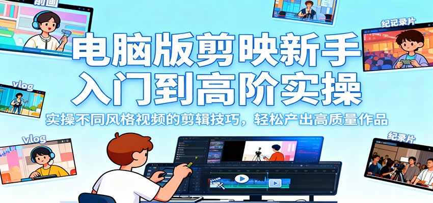 电脑版剪映新手入门到高阶实操，实操不同风格视频的剪辑技巧，轻松产出高质量作品-米创网