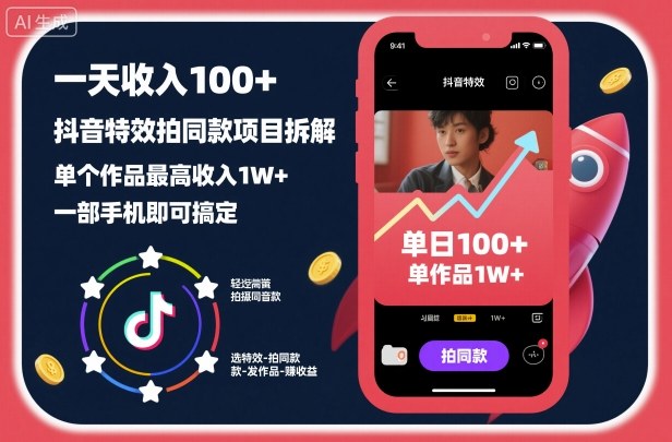 一天收入100+，抖音特效拍同款项目拆解，单个作品最高收入1W+，一部手机即可搞定-米创网