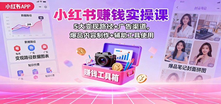 小红书赚钱实操课：5大变现路径+广告渠道，爆品内容制作+辅助工具使用-米创网