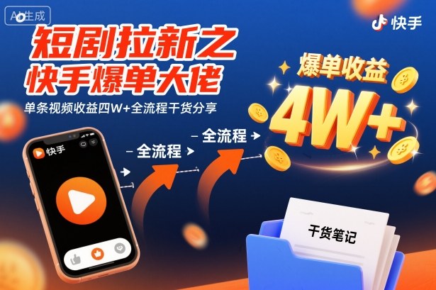 短剧拉新之快手爆单大佬单条视频收益四W+全流程干货分享-米创网