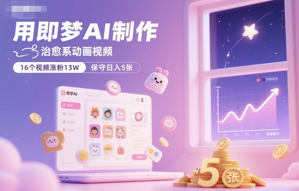用即梦AI制作治愈系动画视频，16个视频涨粉13W，保守日入5张-米创网
