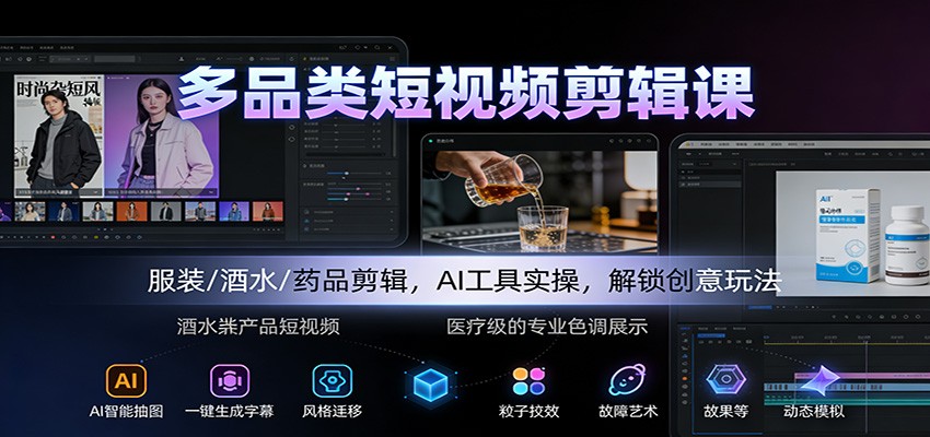 多品类短视频剪辑课：服装/酒水/药品剪辑，AI工具实操，解锁创意玩法-米创网