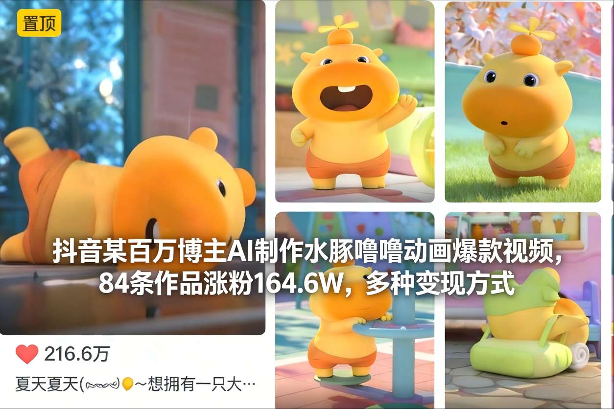 抖音某百万博主AI制作水豚噜噜动画爆款视频，84条作品涨粉164.6W，多种变现方式-米创网