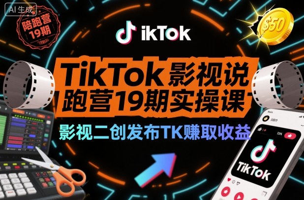 TikTok影视解说陪跑营19期实操课，影视二创发布TK賺取收益，万播收益50美金(更新)-米创网
