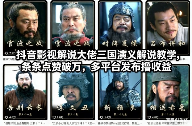 抖音影视解说大佬三国演义解说教学，条条点赞破万，多平台发布撸收益-米创网