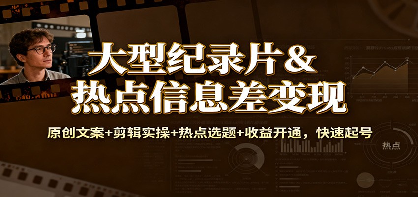 大型纪录片&热点信息差变现：原创文案+剪辑实操+热点选题+收益开通，快速起号-米创网