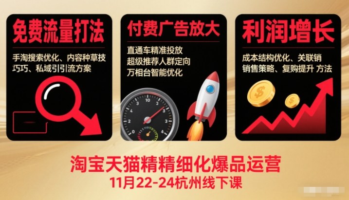 淘宝天猫精细化爆品运营11月22-24杭州线下课，免费流量打法+付费广告放大+利润增长(音频+文档)-米创网