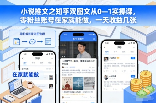 小说推文之知乎双图文从0—1实操课，零粉丝账号在家就能做，一天收益几张-米创网
