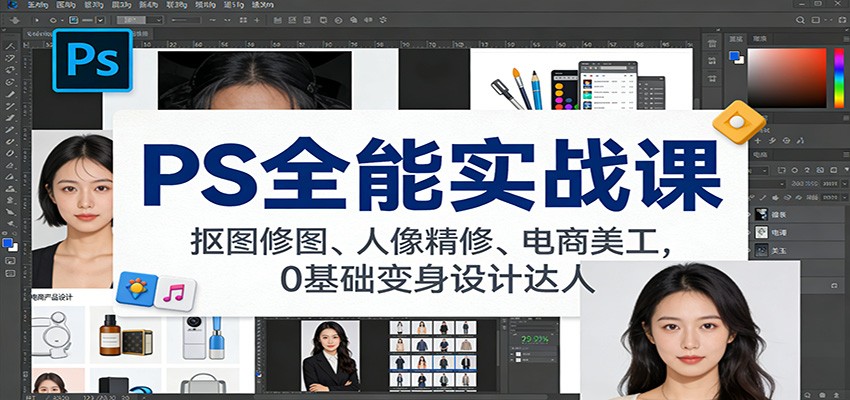 PS全能实战课：抠图修图、人像精修、电商美工，0基础变身设计达人-米创网