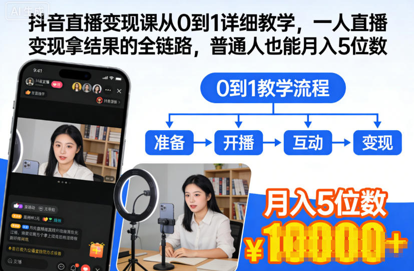抖音直播变现课从0到1详细教学，一人直播变现拿结果的全链路，普通人也能月入5位数-米创网