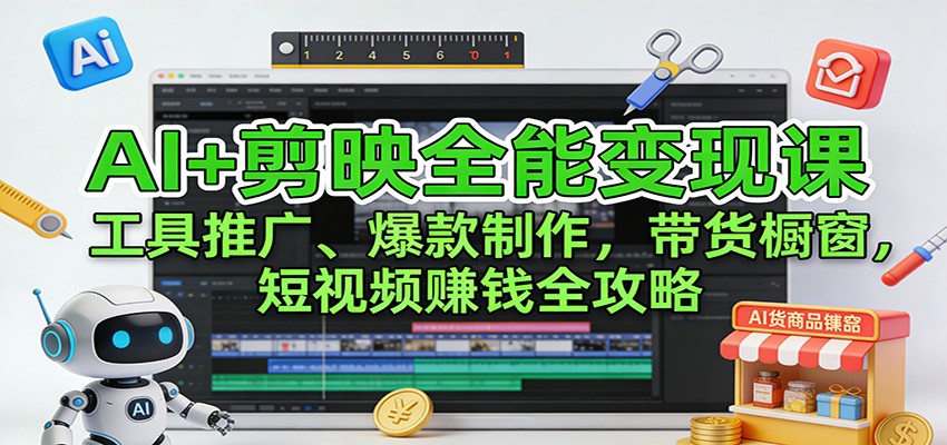 AI+剪映全能变现课：工具推广、爆款制作、带货橱窗，短视频赚钱全攻略-米创网