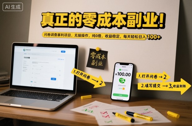 真正的零成本副业！问卷调查暴利项目，无脑操作，纯0撸，收益稳定，每天轻松日入100+【揭秘】-米创网