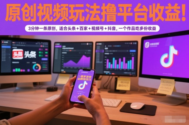 原创视频玩法撸平台收益，3分钟一条原创，适合头条+百家+视频号+抖音，一个作品吃多份收益-米创网