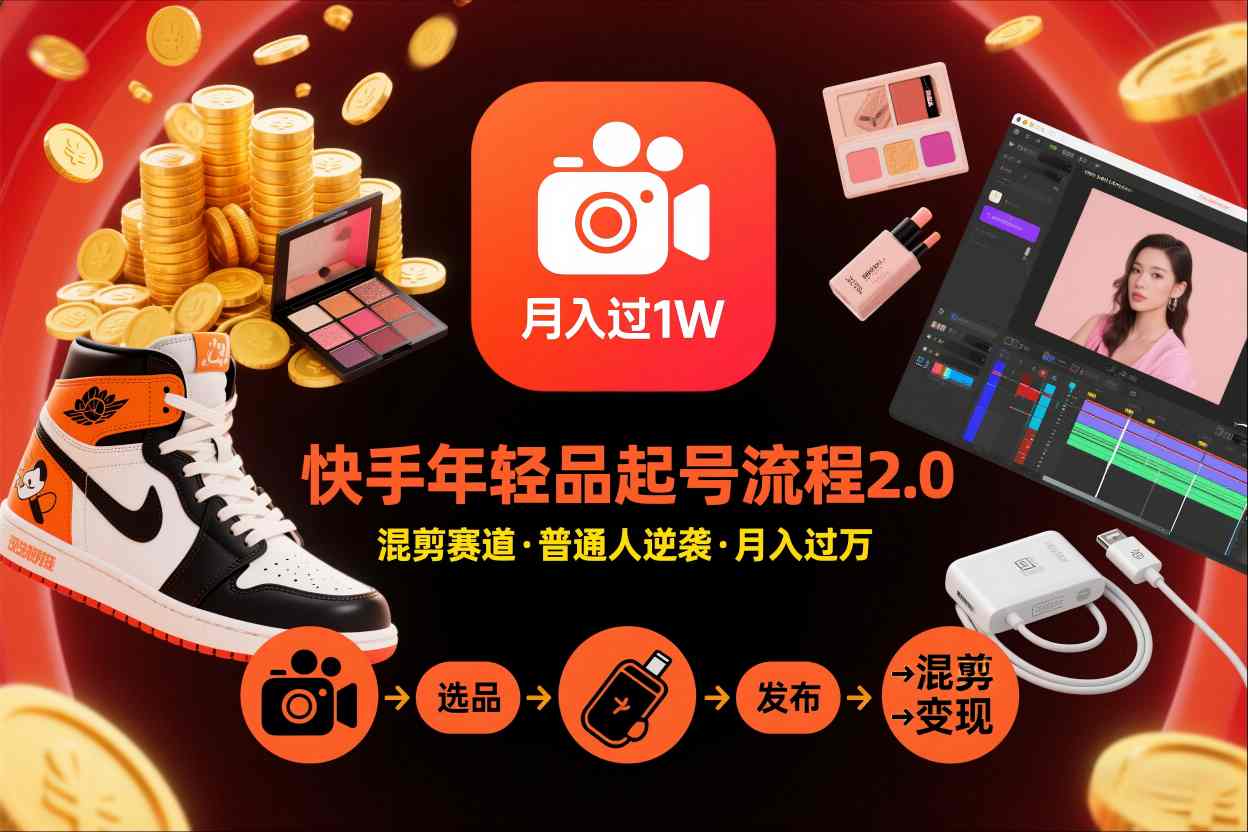 快手短视频带货年轻品起号流程2.0，快手年轻品混剪赛道，普通人也能月入过1W-米创网