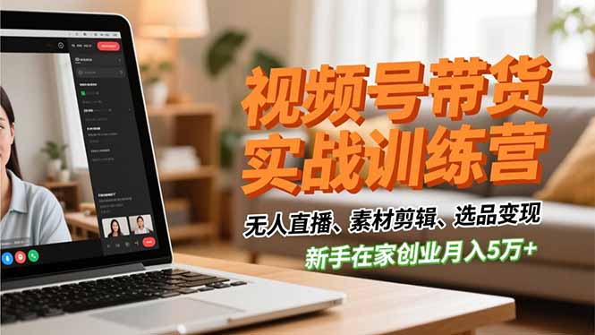 视频号带货实战训练营，无人直播、素材剪辑、选品变现，新手在家创业月入5万+-米创网