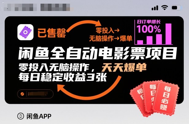 闲鱼全自动电影票项目，零投入无脑操作，天天爆单，每日稳定收益3张【揭秘】-米创网