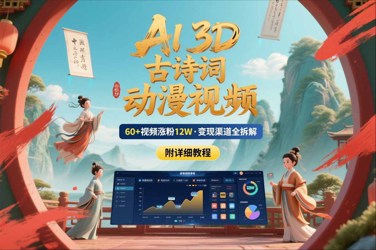 AI制作3D古诗词动漫视频，60多个视频涨粉12W，多个变现渠道拆解【附详细教程】-米创网