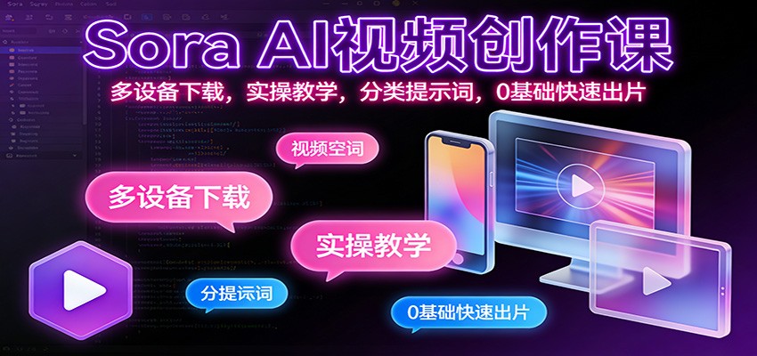 Sora AI视频创作课：多设备下载，实操教学，分类提示词，0基础快速出片-米创网