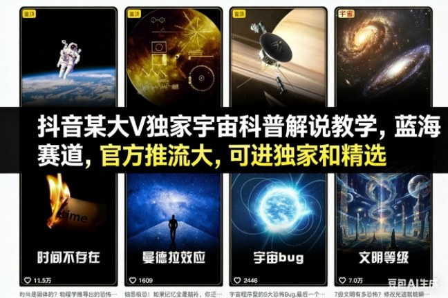 抖音某大V独家宇宙科普解说教学，蓝海赛道，官方推流大，可进独家和精选-米创网
